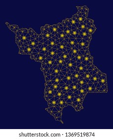 Bright yellow mesh Roraima State map with glow effect. Wire carcass triangular mesh in vector EPS10 format on a dark black background. Abstract 2d mesh designed with triangles, spheric points,
