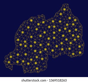Bright yellow mesh Rwanda map with glare effect. Wire carcass polygonal mesh in vector EPS10 format on a dark black background. Abstract 2d mesh designed with polygonal grid, dots,