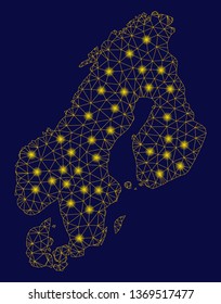 Bright yellow mesh Scandinavia map with glow effect. Wire frame triangular mesh in vector EPS10 format on a dark black background. Abstract 2d mesh designed with triangles, spheric points,