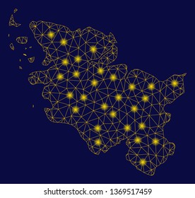 Bright yellow mesh Schleswig-Holstein Land map with glow effect. Wire carcass triangular mesh in vector EPS10 format on a dark black background. Abstract 2d mesh created from triangular lines, points,