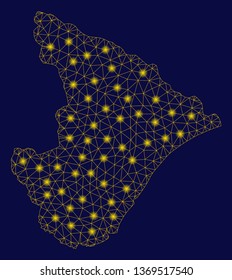Bright yellow mesh Sergipe State map with glare effect. Wire frame polygonal mesh in vector EPS10 format on a dark black background. Abstract 2d mesh designed with triangular lines, small circle,