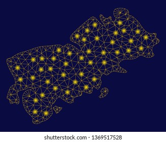 Bright yellow mesh Shikotan Island map with glow effect. Wire carcass polygonal mesh in vector EPS10 format on a dark black background. Abstract 2d mesh designed with polygonal grid, points,