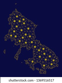 Bright yellow mesh Skyros Greek Island map with glare effect. Wire frame polygonal mesh in vector EPS10 format on a dark black background. Abstract 2d mesh built from polygonal grid, round dots,