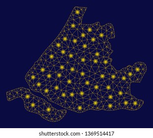 Bright yellow mesh South Holland map with lightspot effect. Wire frame triangular mesh in vector EPS10 format on a dark black background. Abstract 2d mesh designed with triangular lines, dots,