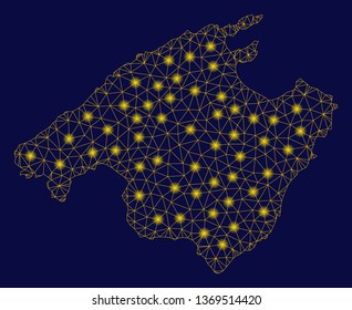 Bright yellow mesh Spain Mallorca Island map with lightspot effect. Wire frame triangular mesh in vector EPS10 format on a dark black background. Abstract 2d mesh designed with triangular lines,