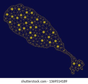 Bright yellow mesh St Kitts Island map with glare effect. Wire carcass polygonal mesh in vector EPS10 format on a dark black background. Abstract 2d mesh designed with triangles, dots,