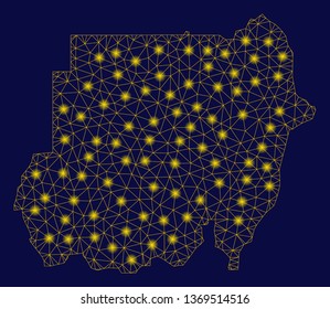 Bright yellow mesh Sudan map with glare effect. Wire frame polygonal mesh in vector EPS10 format on a dark black background. Abstract 2d mesh built from polygonal grid, points,