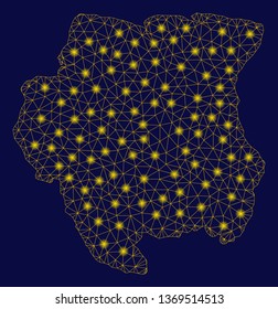 Bright yellow mesh Suriname map with glare effect. Wire carcass polygonal mesh in vector EPS10 format on a dark black background. Abstract 2d mesh created from polygonal grid, small circle,