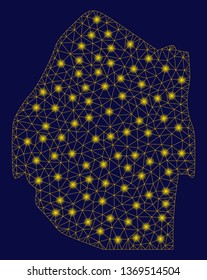 Bright yellow mesh Swaziland map with lightspot effect. Wire carcass polygonal mesh in vector EPS10 format on a dark black background. Abstract 2d mesh designed with polygonal grid, points,