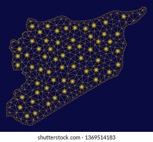 Bright yellow mesh Syria map with glare effect. Wire frame triangular network in vector EPS10 format on a dark black background. Abstract 2d mesh designed with triangular lines, points,