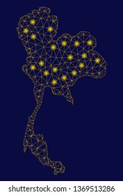 Bright yellow mesh Thailand map with glare effect. Wire carcass triangular network in vector EPS10 format on a dark black background. Abstract 2d mesh designed with triangular lines, dots,