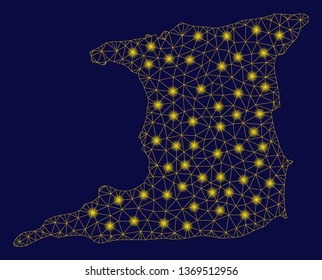 Bright yellow mesh Trinidad Island map with lightspot effect. Wire frame polygonal mesh in vector EPS10 format on a dark black background. Abstract 2d mesh designed with polygonal grid, round dots,