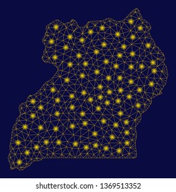 Bright yellow mesh Uganda map with glow effect. Wire carcass polygonal mesh in vector EPS10 format on a dark black background. Abstract 2d mesh designed with polygonal grid, round dots,