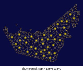 Bright yellow mesh United Arab Emirates map with glare effect. Wire frame triangular mesh in vector EPS10 format on a dark black background. Abstract 2d mesh designed with triangular lines, points,