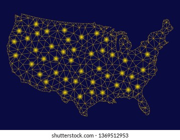 Bright yellow mesh USA map with lightspot effect. Wire carcass triangular mesh in vector EPS10 format on a dark black background. Abstract 2d mesh designed with polygonal grid, spheric points,