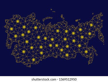 Bright yellow mesh USSR map with lightspot effect. Wire frame polygonal mesh in vector EPS10 format on a dark black background. Abstract 2d mesh built from polygonal grid, small circle,
