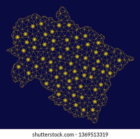 Bright yellow mesh Uttarakhand State map with glare effect. Wire carcass polygonal mesh in vector EPS10 format on a dark black background. Abstract 2d mesh built from polygonal grid, dots,