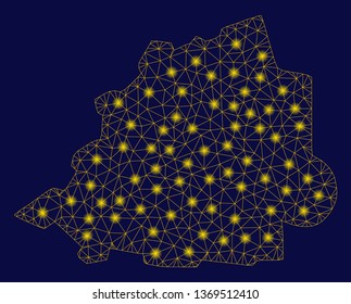 Bright yellow mesh Vatican map with glare effect. Wire frame triangular network in vector EPS10 format on a dark black background. Abstract 2d mesh created from triangular lines, small circle,