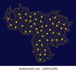 Bright yellow mesh Venezuela map with glow effect. Wire frame triangular mesh in vector EPS10 format on a dark black background. Abstract 2d mesh designed with triangular lines, round dots,