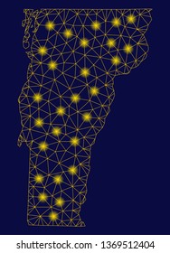 Bright yellow mesh Vermont State map with glare effect. Wire carcass triangular network in vector EPS10 format on a dark black background. Abstract 2d mesh designed with triangular lines,