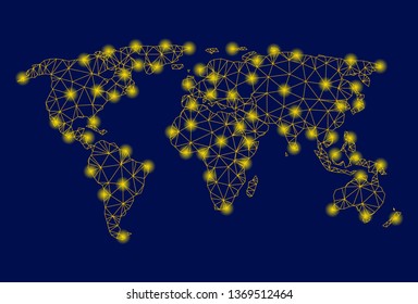Bright yellow mesh world map with glow effect. Wire carcass triangular mesh in vector EPS10 format on a dark black background. Abstract 2d mesh designed with triangular lines, spheric points,