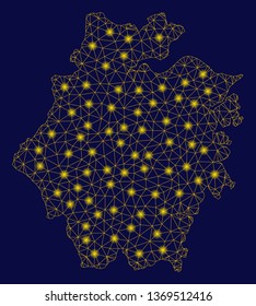Bright yellow mesh Zhejiang Province map with glare effect. Wire carcass triangular mesh in vector EPS10 format on a dark black background. Abstract 2d mesh created from triangular lines, dots,