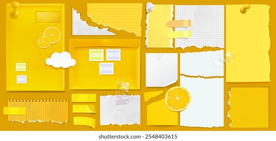 Moodboard amarillo brillante con Elementos de papel rasgados, notas adhesivas y páginas de cuadrícula. Decorado con rodajas de naranja, forma de nube blanca y sellos postales. Varias hojas de bloc de notas rotas y sobres pegados.