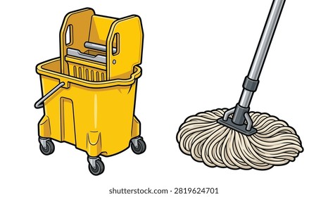 A bright yellow mop bucket with a metal wringer and four wheels is shown beside a beige string mop with a silver metal handle. Both items are illustrated in a cartoon style against a transparent background.