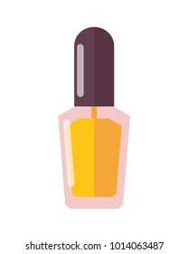 Bright yellow nail polish in transparent glass glossy bottle with black rounded top isolated cartoon flat vector illustration on white background.