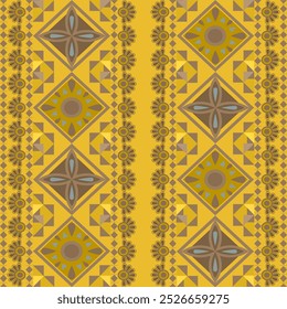 Bright yellow Native American-inspired pattern with diamond motifs. Features symbolic sun designs, floral elements, and geometric shapes. Perfect for ethnic textiles, boho fashion, and tribal-themed.