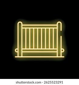 Bright yellow neon baby crib icon glowing on black background