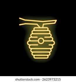 Bright yellow neon beehive hanging on a branch icon, glowing on a black background