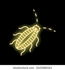 Bright yellow neon cockroach is moving on a black background leaving a dotted trail