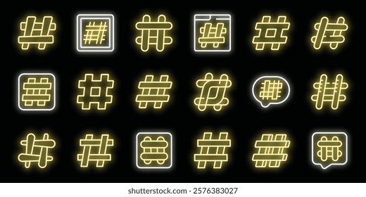 Bright yellow neon hashtag icons glowing on dark background, representing social media trends and online communication