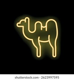 Bright yellow neon icon of a bactrian camel standing still on a black background