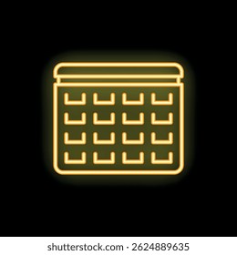 Bright yellow neon icon of a basket full of groceries glowing on a black background
