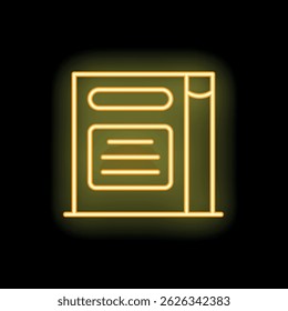 Bright yellow neon icon of a book glowing on a black background
