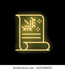 Bright yellow neon icon of a christmas wish list with a drawing of a sleigh on a black background