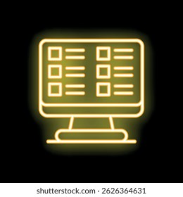 Icono de neón amarillo brillante de una pantalla de computadora que muestra una Encuesta en línea con preguntas de opción múltiple