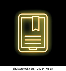 Bright yellow neon icon of an e reader app displaying an open book, with a bookmark, on a smartphone screen