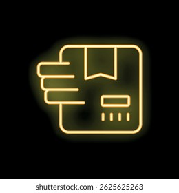 Icono de neón amarillo brillante de un paquete que se entrega rápidamente a través de un servicio expreso