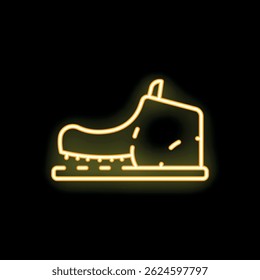 Bright yellow neon icon of a shoe dryer, glowing on a black background