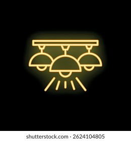 Bright yellow neon icon of three ceiling lamps shining light down on a black background