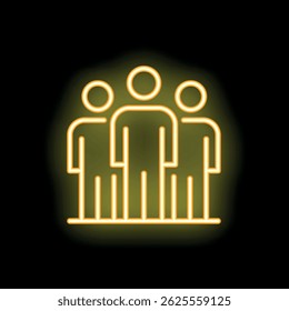 Bright yellow neon icon of three people standing together forming a team