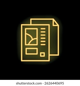 Bright yellow neon icon of two documents with text and images representing office work, on a black background