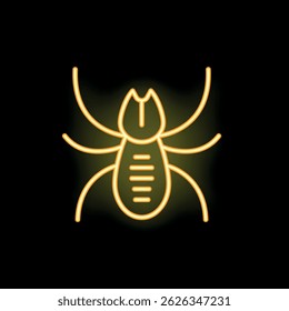 Bright yellow neon light icon of a tick on black background