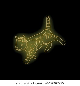 Bright yellow neon light showing a running cat silhouette on a black background, perfect for pet shop or veterinary advertising