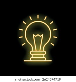 Bright yellow neon lightbulb glowing on a black background, representing a new idea
