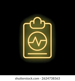 Bright yellow neon medical clipboard icon glowing on a dark background, representing healthcare and medical records