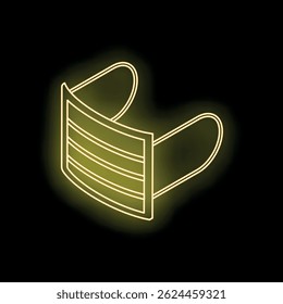 Bright yellow neon medical face mask glowing on black background, representing protection and safety